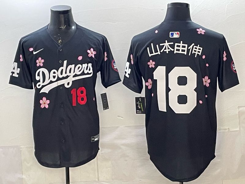 Men 2025 Los Angeles Dodgers #18 Yamamoto Black Sakura Edition Nike MLB Jersey 05